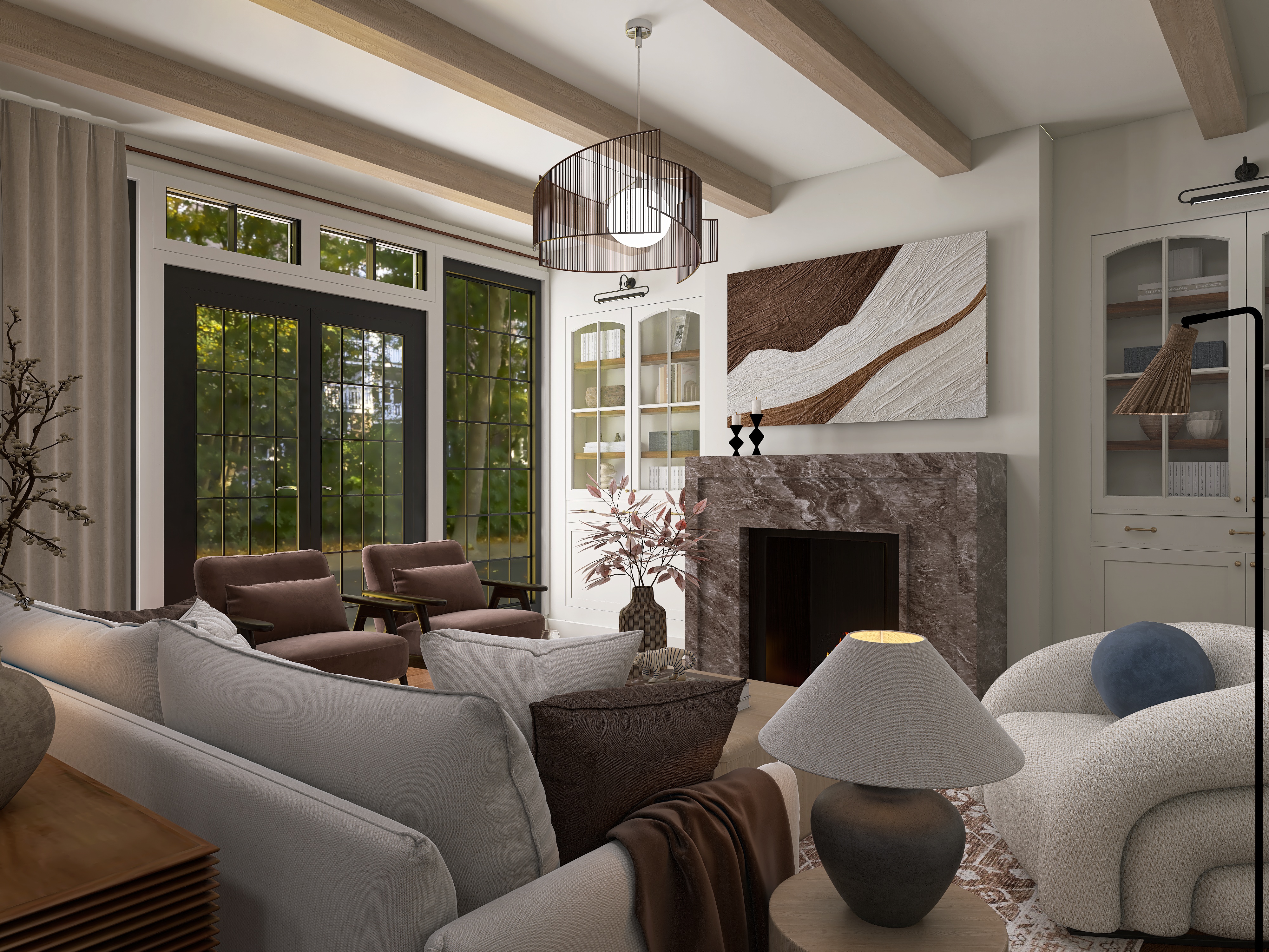 Full room design — living room with fireplace and built-in cabinetry