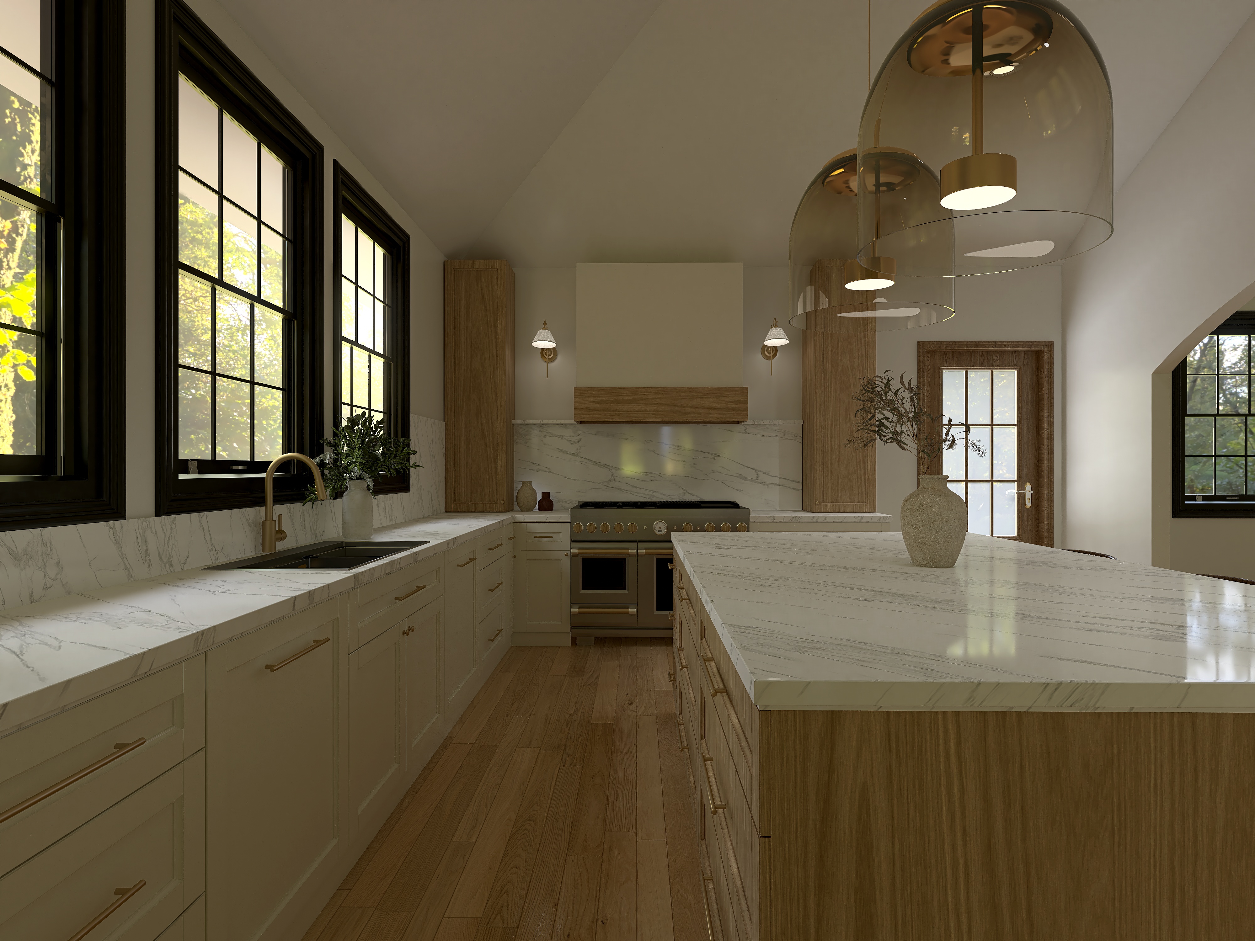 Kitchen design render — white cabinetry with marble countertops and brass pendants